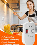 Woman cooking in kitchen with Multi Gas Leak Detector Plug In For Home Kitchen And RV No Fuss Combustible And Explosive Gas Alarm