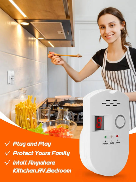Woman cooking in kitchen with Multi Gas Leak Detector Plug In For Home Kitchen And RV No Fuss Combustible And Explosive Gas Alarm