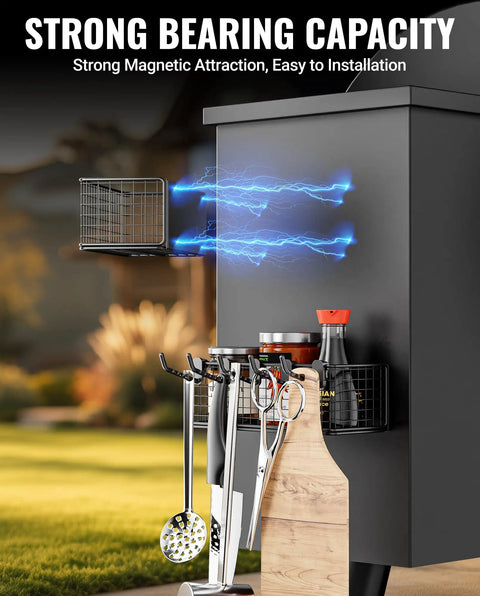 Magnetic Storage Bin for Grills and Pellet Smokers, Heavy Duty Magnetic Organizer That Snaps Right Onto The Grill Hopper, shown attached.