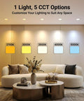 Living room with 16 Pack 6 Inch LED Recessed Lights Retrofit Downlights With Baffle Trim 1050 Lumens showing 5 selectable CCTs 2700K-5000K