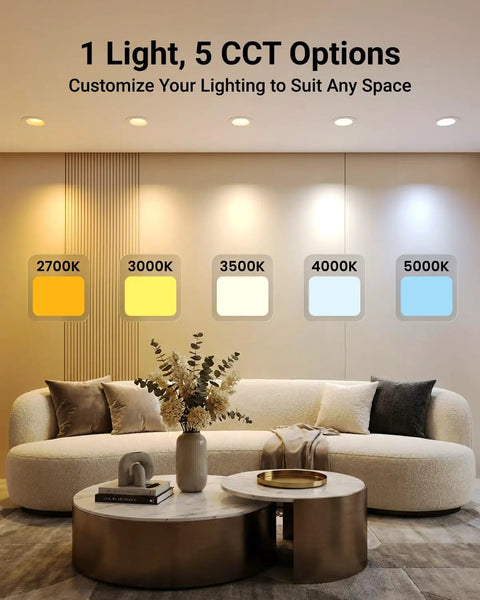Living room with 12 Pack 6 Inch LED Recessed Lights Kit with Baffle Trim, showing 5 selectable CCT options on ceiling.