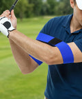 Golfer using Two In One Golf Swing Training Kit With Wrist Stabilizer And Arm Support Strap To Help You Fix Wrist Angle Lock In Swing Plane