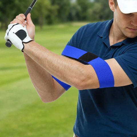 Golfer using Two In One Golf Swing Training Kit With Wrist Stabilizer And Arm Band to correct wrist angle on the course