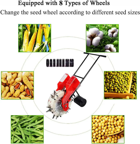 Handheld Seed And Fertilizer Spreader With Dual Buckets Easy Push Roller Seeding Tool eight wheel options for various seeds