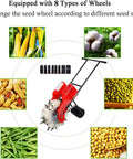 Portable Manual Seeder Hand Push Garden Seeder Seed Spreader Roller for Sowing with seed and crop variety images around it