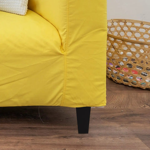 Yellow sofa with 4 Pack Black Wood and Iron Furniture Legs Replacement for Cabinets and Benches, Sleek Minimalist Style
