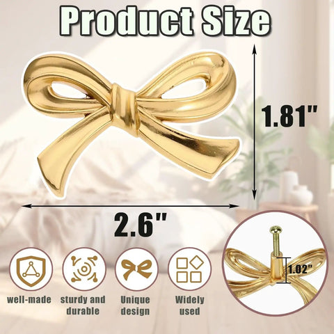 Vintage Bow Shaped Dresser Knob in Antique Gold, 2.6" size, solid zinc alloy, product dimensions shown.