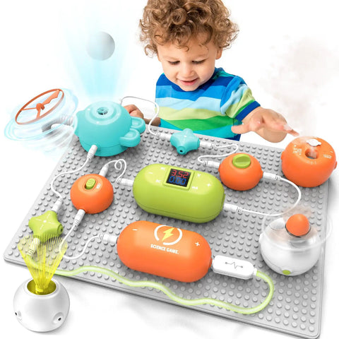 STEM Electronics Kit For Kids With 31 Circuit Parts And 300 Plus Projects No Soldering Needed on play board with kid interaction