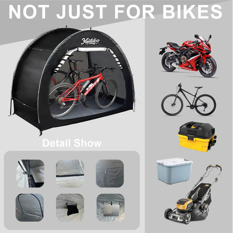 6.6Ft Waterproof Bike Storage Shed Tent For 2 Bikes, Easy Setup Outdoor Portable Shelter with window, shown with two bikes inside.
