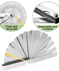 Feeler gauge set with 32 stainless steel blades; folding design, front view.