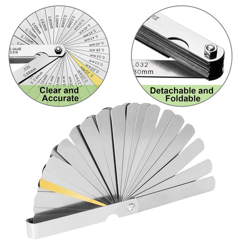 Feeler gauge set with 32 stainless steel blades; folding design, front view.