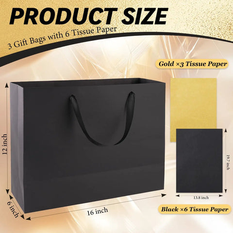 3 Pack Extra Large Black Gift Bags With Handles Includes 9 Tissue Papers 16 By 6 By 12 Inches Perfect For Mens Birthday Parties Weddings Holidays Fathers Day Mothers Day Shopping And Other Gift Giving Occasions, displaying size and included tissue papers