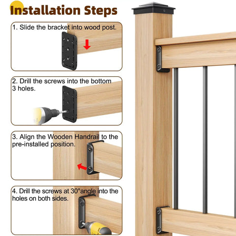 Installation guide for Deck Railing Bracket Connectors For 2x4 Posts To Handrail, showing bracket attachment to 1.5x3.5 inch wood posts.