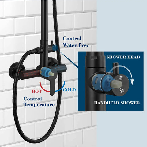 Control panel of Matte Black Outdoor Shower System With Rainfall Head And Hand Spray, Exposed Exterior Shower Fixture