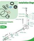 Installation diagram with components of Premium Floor Jack Seal Replacement Kit For 1.5 Ton 328.12002 And 328.12001 Series.