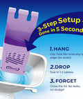Infiniti Toilet Tank Tablet Holder With Blue Toilet Bowl Tablets, easy 3-step setup illustration with tank and holder