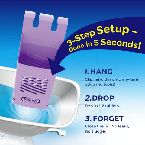 Infiniti Toilet Tank Tablet Holder With Blue Toilet Bowl Tablets, easy 3-step setup illustration with tank and holder