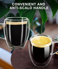 Grab These Sleek Double Wall Glass Coffee Mugs Set Of Two, Tough Borosilicate Build Keeps Your Daily Grind Straight Fire Or Icy Fresh, Ergonomic Handle Design Perfect For Kitchen Vibes And Road Trips, featuring a hand holding one mug.