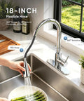 OWOFAN Chrome Kitchen Faucet with Pull Down Sprayer, 3-Mode Single Handle Sink Faucet for 1-Hole or 3-Hole Installation, SUS 304 Stainless Steel with 10-Inch Deck Plate in use, showing 18-inch flexible hose and sprayer.