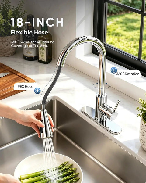 OWOFAN Chrome Kitchen Faucet with Pull Down Sprayer, 3-Mode Single Handle Sink Faucet for 1-Hole or 3-Hole Installation, SUS 304 Stainless Steel with 10-Inch Deck Plate in use, showing 18-inch flexible hose and sprayer.