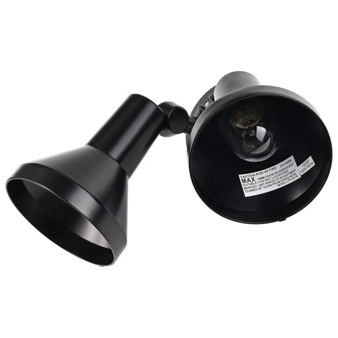 Two Light Outdoor Security Flood Light Built Tough In Cast Aluminum Weatherproof And Wet Rated Adjustable Coverage For Walkways And Entrances Black Finish CULus Listed, close-up view of black cast aluminum housing and dual light heads