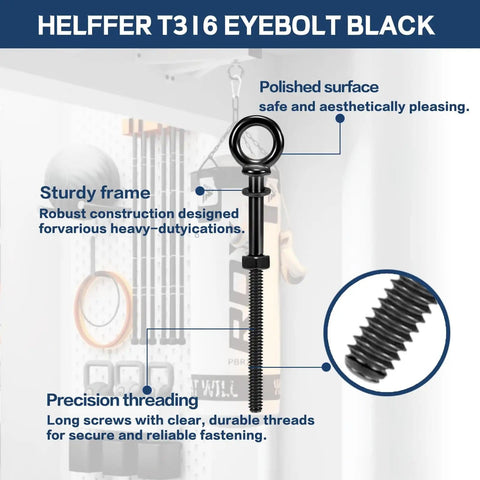 5 Pack Black Titanium Shoulder Eye Bolts One Quarter Inch By Four Inch Shank T316 Stainless Steel Heavy Duty Lifting Eyebolts With Nuts, Washers, And Drill Bit For Cable Railing, Decking, And Marine Grade Applications - Detailed View of Eyebolt in Workshop with Annotations