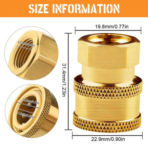 Brass pressure washer coupler, 1/4 inch quick-connect to female NPT socket, knurled grip, 2-pack.