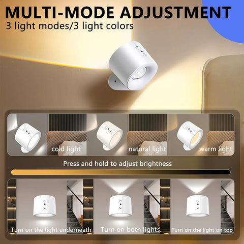 Sthalaxis LED Wall Lights Rechargeable Wall Sconce showing multiple light modes and colors, designed for bedside use, in black.