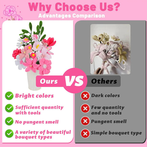 Pink Pipe Cleaner DIY Flower Kit With 550 Pieces In 7 Colors Bulk Pack Includes Floral Wires Stamens Floral Tape And Tutorial For Easy Craft Bouquets A Fun Kid Friendly Mothers Day Gift Idea. bright pink bouquet comparison