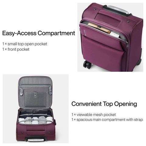 Underseat Carry On Luggage 16 Inch With Spinner Wheels Airline Approved Lightweight Softside Roller Bag showing compartments
