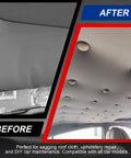 Before and after using 90Pcs Car Roof Headliner Repair Button Pins Kit with snap rivets for sagging roof cloth and upholstery fix.