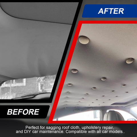 Before and after using 90Pcs Car Roof Headliner Repair Button Pins Kit with snap rivets for sagging roof cloth and upholstery fix.