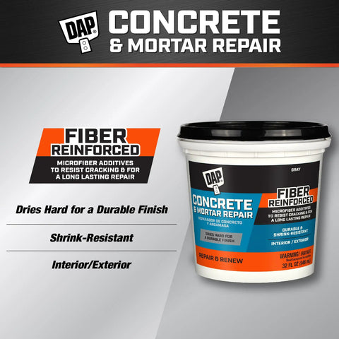 Fiber reinforced 32 oz gray concrete repair patch for cracks and mortar, non-sink, non-shrink, for driveways and masonry repairs.