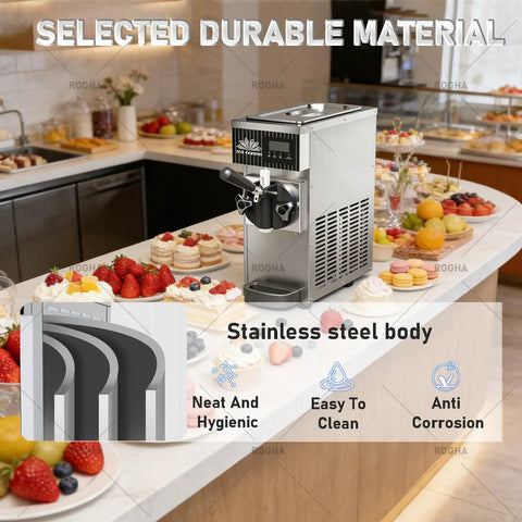 Knockout Commercial Soft Serve Ice Cream Maker Boasting High Yield Countertop Build in stainless steel on dessert counter.