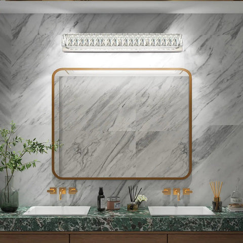 Modern Over Mirror Bathroom Light Fixture 30 Inch LED Vanity Bar Crystal Chrome Dope White Daylight 6000K Energy Efficient Easy Install Luxury Bath Lighting With Crystal Glass Diffusers above marble wall and sinks.