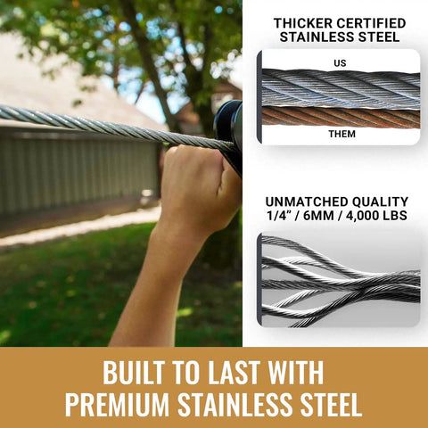 Close-up of Backyard Zip Line Kit For Kids And Adults 100 Feet With One Quarter Inch Stainless Steel Cable showcasing thickness