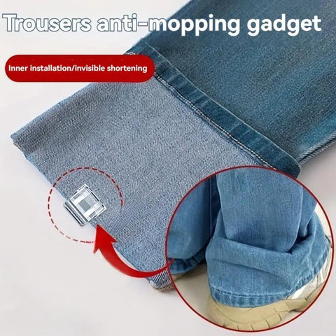 Close-up of 20 Pairs Quick Fix Hem Clips and Reusable Clamps for Pants, showing transparent purple top on denim fabric with metal base.