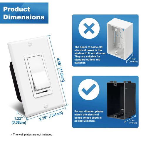 Dimensions of Five Pack Dimmer Switches For Single Pole Or 3 Way Installations, universal compatibility with front view of switch.