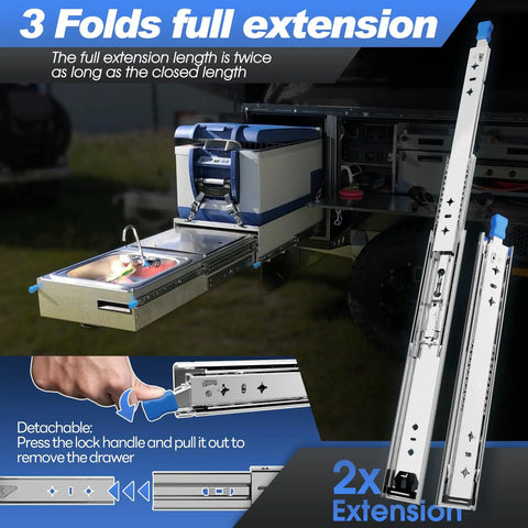 3 Folds full extension with 1 Pair Built Tough Heavy Duty Locking Drawer Slides 250 Lb Load Capacity Full Extension Ball Bearing