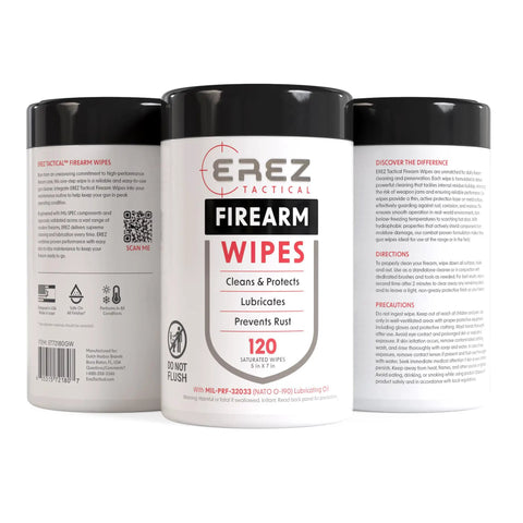 Heavy Duty Gun Cleaning Wipes Pack 120 Wipes 5x7 Inch CLP Gun Cleaner Lubricant Clean Lubricate Protect For Field And Range NATO O 190 MIL PRF 32033 On The Go Clean As A Whistle container front and side view