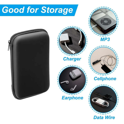 Heavy Duty Eva Hardshell Travel Organizer Case Delivers Slick Knockout Protection For Multimeters Cameras And Charger Cords Through A Tight Zipper That Lets You Pack Up And Roll Out Stress Free On The Road In Matte Black, shown with charger, earphones, and data wires.
