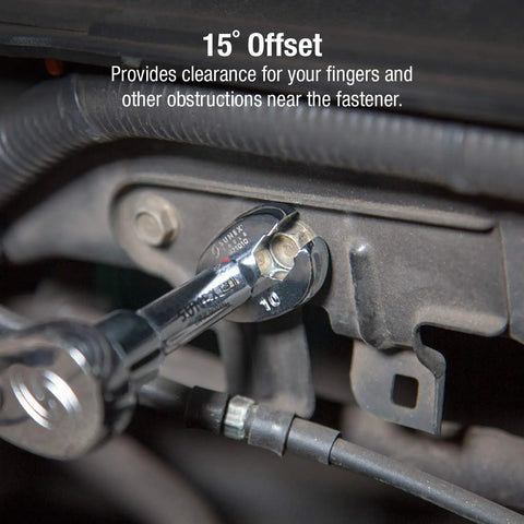 Metric Crowfoot Flare Nut Wrench Set With Three Eighths Inch Drive Ten Piece Sizes Ten Through Nineteen For Automotive Repair And Tight Spaces For Tight Auto Work And Everyday Repairs, 15° offset on flare nut in engine bay