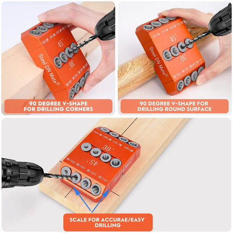 Go To 45 30 90 Degree Angle Drill Guide in action on wood surfaces showing V-shape for corners and round surface drilling.