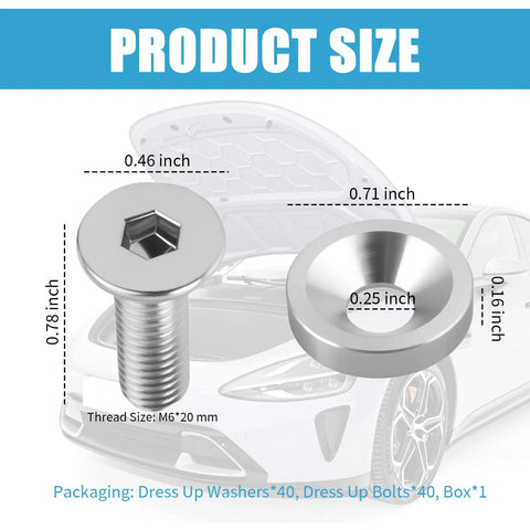 40Pc M6x20mm Engine Dress Up Kit With Spacer And Dress Up Bolts In Silver For Car Engine Bay Enhancement, size chart with bolt and washer