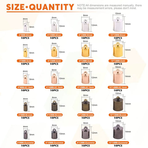 Assorted sizes chart of the 200 Piece Brass Cord End Caps Jewelry Findings Kit in Silver, Gold, KC Gold, Bronze, Gunmetal.