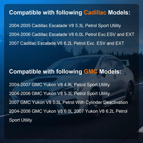 Compatibility list for Cadillac and GMC models showing years and engine sizes with a car in the background