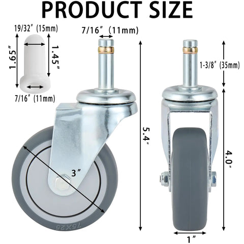 Heavy Duty Swivel Caster Wheels Set Of 4, 3 Inch TPR Rubber Rollers With 7/16 Inch Stem, showing product sizes and dimensions.