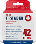 Front view of a white plastic to-go first aid kit with red label, showing 42 items.