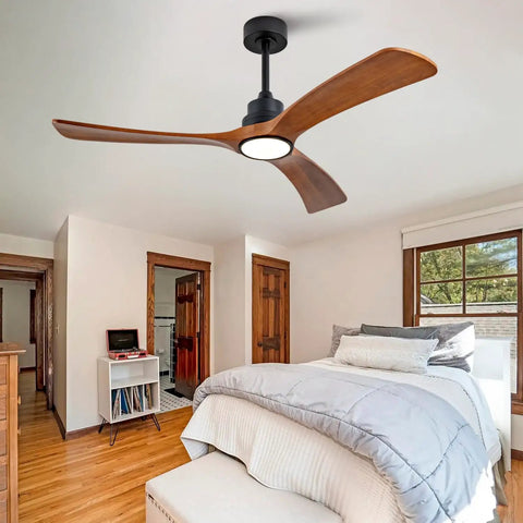 52 Inch Wood Ceiling Fan With 3 Solid Wood Blades Reversible DC Motor For Living Room, installed in a cozy bedroom.