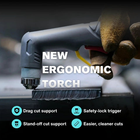 Apex LTP5600CD Plasma Cutter With Built In Air torch showing ergonomic design and safety-lock trigger in use